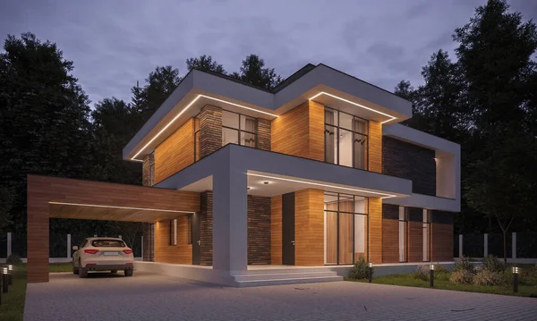 Terası ve gölgeliği olan modern bir ev. 3 boyutlu görselleştirme. Ön cephenin akşam aydınlanması. Evin dış tarafı. Evin ön cephesi modern tarzda..