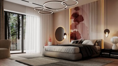 Modern yatak odası iç tasarımı. 3 boyutlu görselleştirme. Lüks bir iç mekan. Dekoratif bir duvarın arkasında yatak