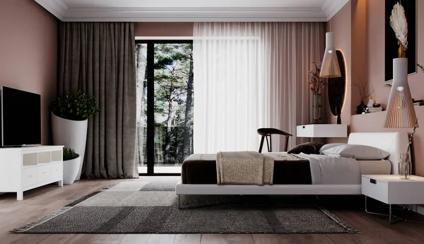 Diseño Interior Dormitorio Moderno Visualización Lujoso Interior Cama Fondo Una — Foto de Stock
