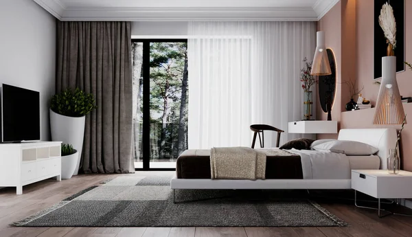 Diseño Interior Dormitorio Moderno Visualización Lujoso Interior Cama Fondo Una — Foto de Stock