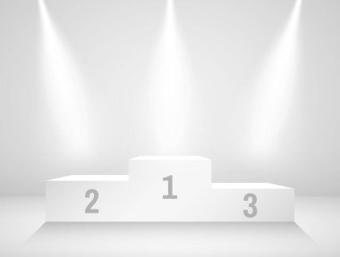 Kazanan podyum. Beyaz kaidesel model. Sahne ışıklarının olduğu gerçekçi bir sahne. Boş tören platformu. Kazanan yer şablonu. Vektör illüstrasyonu