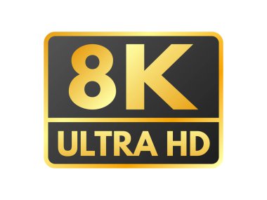 8K simgesi. Beyaz arkaplanda ultra HD etiket. Yüksek çözünürlüklü. 8K çözünürlük altın işareti. UHD video simgesi izole edildi. Vektör illüstrasyonu
