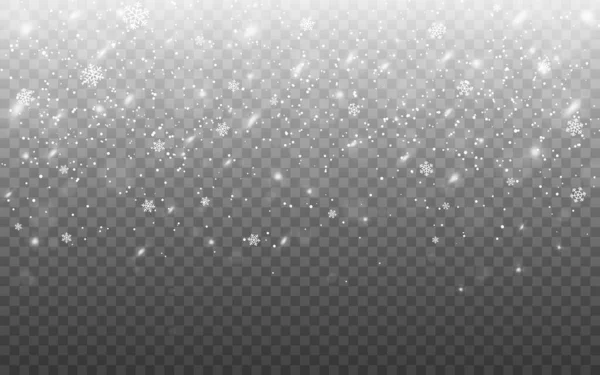 Chute de neige de Noël. Des flocons réalistes. Flocons de neige déconcentrés sur fond transparent. Texture hivernale avec tempête de neige pour affiche ou bannière. Illustration vectorielle — Image vectorielle