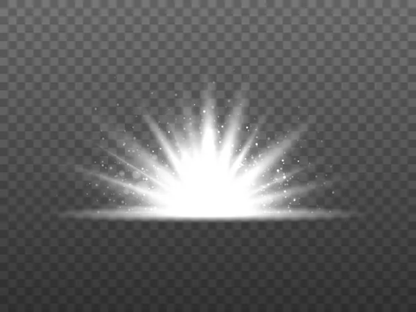 Silver light effect. Glowing white star with bright particles and bokeh. Magic glittering burst with dust. Silver shining explosion. Sparkling flash isolated. Vector illustration — Stock Vector