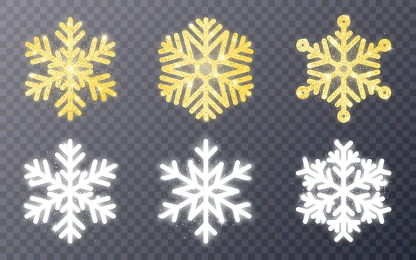 Светящиеся снежинки. Золотая и серебряная коллекция снежинок. Сияющее рождественское украшение. Яркие праздничные символы. Элегантные снежные элементы. Векторная иллюстрация — стоковый вектор