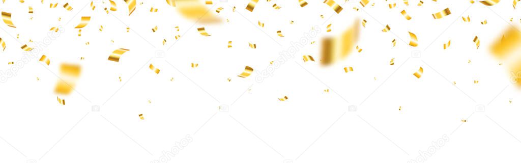 Confetti gold wide. Realistic yellow serpentine. Golden tinsel on white background. Falling elegant confetti. Shiny Christmas decoration. Vector illustration