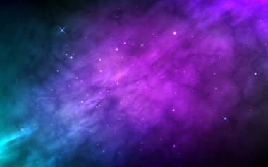 Gerçekçi yıldızlı galaksiyle uzay arkaplanı. Nebula 'lı güzel renkli kozmos. Samanyolu ile sihirli evren. Parlayan yıldızlı gece kozmik dokusu. Vektör illüstrasyonu