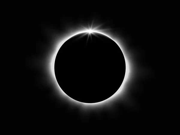 Éclipse solaire totale. Planète avec des rayons de soleil sur fond sombre. Lever de soleil réaliste dans l'espace. horizon terrestre avec lueur. Cercle noir avec éclat blanc. Illustration vectorielle Graphismes Vectoriels