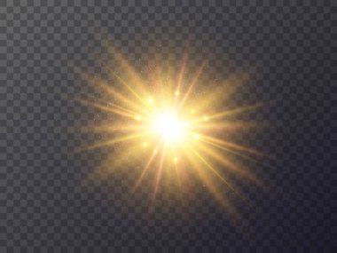 Parlayan yıldız ve parçacıklar. Yıldız tozuyla altın parıltısı etkisi. Parlak altın sihirli ışık. Parlak Noel unsuru. Parıltılı sarı patlama. Vektör illüstrasyonu