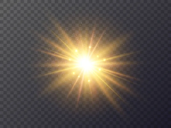 Estrella brillante con partículas. Efecto brillo dorado con polvo de estrellas. Luz mágica dorada brillante. Brillante elemento de Navidad. Explosión amarilla con purpurina. Ilustración vectorial — Vector de stock