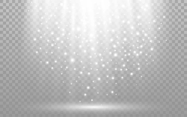 Lichteffekt mit hellen Teilchen. Weißes Scheinwerferlicht und Glitzern. Leuchtende Szenenvorlage auf transparentem Hintergrund. Magischer Glanz vereinzelt. Bühnenlicht mit Strahlen. Vektorillustration — Stockvektor