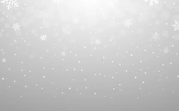 Fondo de Navidad nieve. Copos de nieve blancos sobre fondo plateado. Copos festivos y elementos bokeh. Textura mínima de invierno para una tarjeta de felicitación. Ilustración vectorial — Vector de stock