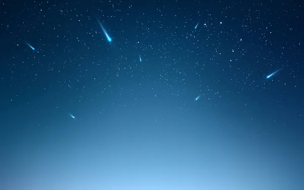 Schietende sterren. Nachtelijke hemel met vallende meteorieten. Blauwe sterrenruimte. Kosmos achtergrond met gloeiend spoor. Kosmische banner of poster sjabloon. Vectorillustratie — Stockvector