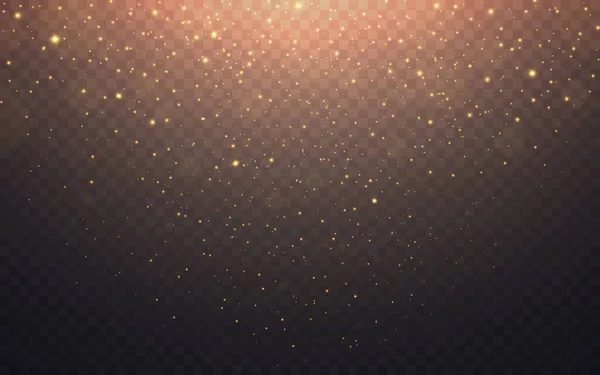 Glitter gold background. Bright shiny particles. Magic powder effect. Festive golden dust. Light sparks for greeting card or poster. Glowing rain texture. Vector illustration — Vettoriale Stock