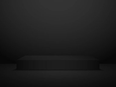 Siyah podyum modeli. Ayaklı bir ürün sergisi. Koyu kaidesi boş. Dikdörtgen 3D platform. Yumuşak gölgeli stüdyo odası. Eğilimli, temiz bir sahne. Vektör illüstrasyonu