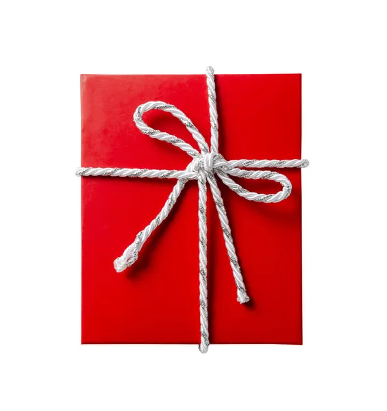 Червона Подарункова Коробка Білою Срібною Стрічкою Мотузки Ізольовані Білому Тлі — стокове фото