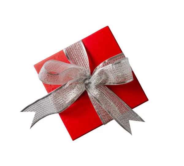 明亮的红色礼品盒顶部 白色背景的银丝带隔离 — 图库照片
