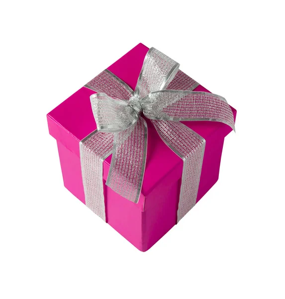 Roze Geschenkdoos Met Zilveren Lint Geïsoleerd Witte Achtergrond — Stockfoto