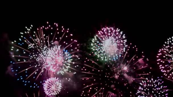 Vuurwerk Explodeert Donkere Nachtelijke Hemel Voor Feest Jubileum Concept — Stockvideo