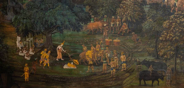 Bangkok Thailand December 2020 Ancient Thai Mural Painting Ploughing Festival — Stock Photo, Image