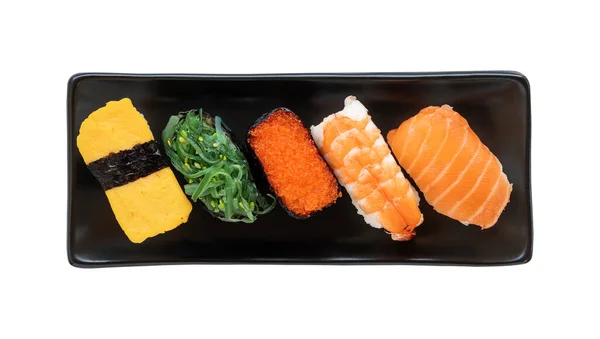 Japán Sushi Kaja Fekete Tálcán Maki Nigiri Lazaccal Garnélával Tobikóval — Stock Fotó
