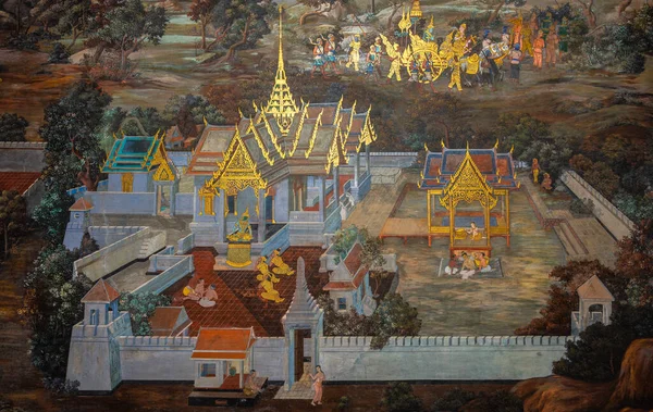 タイのバンコク 2020年12月4日 タイのバンコクにあるワット プラカウエの内部にあるラマキーン叙事詩の古代タイの壁画 ラマキーンはヒンズー教のラマヤナ叙事詩に由来するタイの国民的叙事詩です — ストック写真