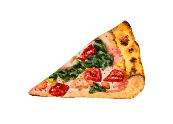 Slice Pizza Bacon Mushroom Sweet Pepper Spinach Watercolor Hand Drawn — Zdjęcie stockowe