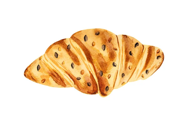 Croissant Czarno Białymi Posypkami Sezamowymi Akwarela Ręcznie Rysowane Ilustracja Izolowane — Zdjęcie stockowe