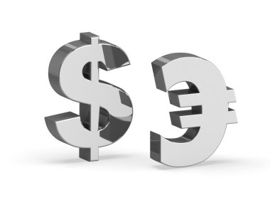 3D gümüş dolar ve euro işareti