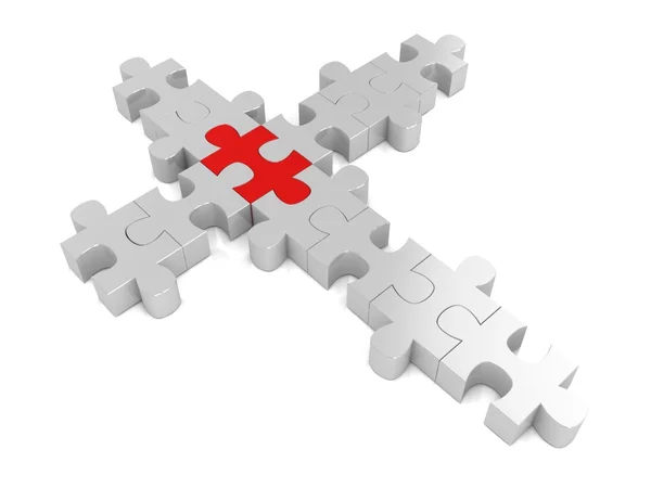 3d puzzle vermelho cruzado por branco — Fotografia de Stock