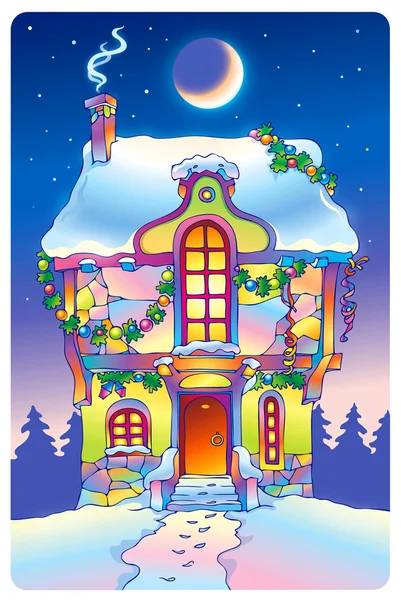 Sprookje huis onder het maanlicht op kerstavond — Stockfoto