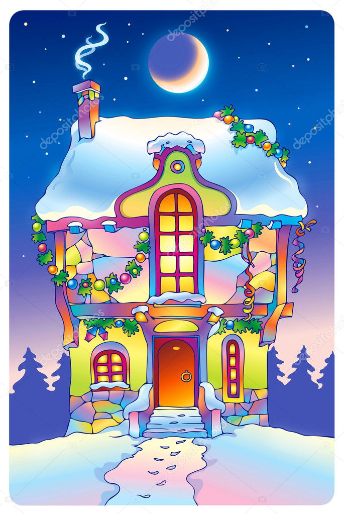 Fairy tale house under the moonlight on Christmas Eve