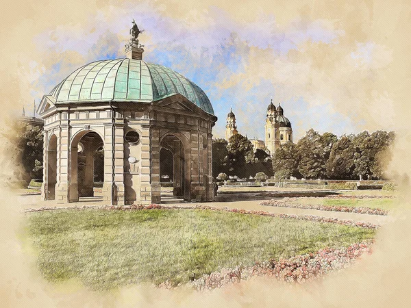 Hofgarten München Beieren Duitsland Theatinerkirche Achtergrond Tekening Aquarelverven — Stockfoto