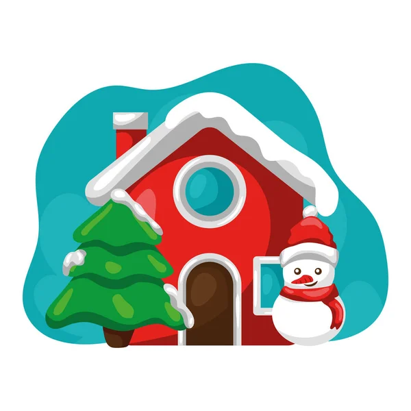 有微笑的圣诞雪人涂上颜料的小房子 — 图库矢量图片