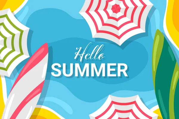 こんにちは素敵なビーチとカラフルな傘と夏の背景 — ストックベクタ