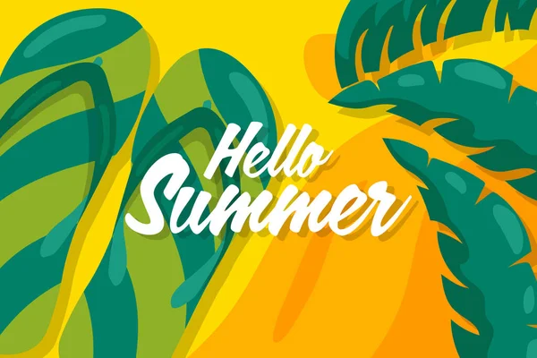 緑のサンダルとヤシの木と歓迎夏の背景 — ストックベクタ