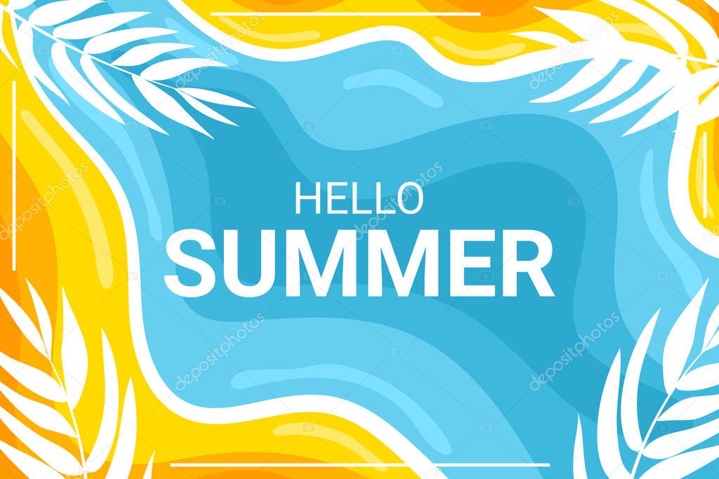 hello summer background with sky blue water beach and decorative palm leaves