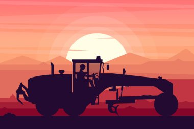 Gün batımı arka planında ağır motor gramer makineleri ile çalışan operatör