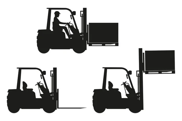 Farklı Işlevleri Yerine Getiren Ağır Forklift Makinelerinin Siluetleri — Stok Vektör