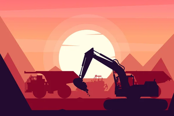 日没の背景を持つ鉱山でクローラーローダー 採掘トラックや掘削機と重機 — ストックベクタ