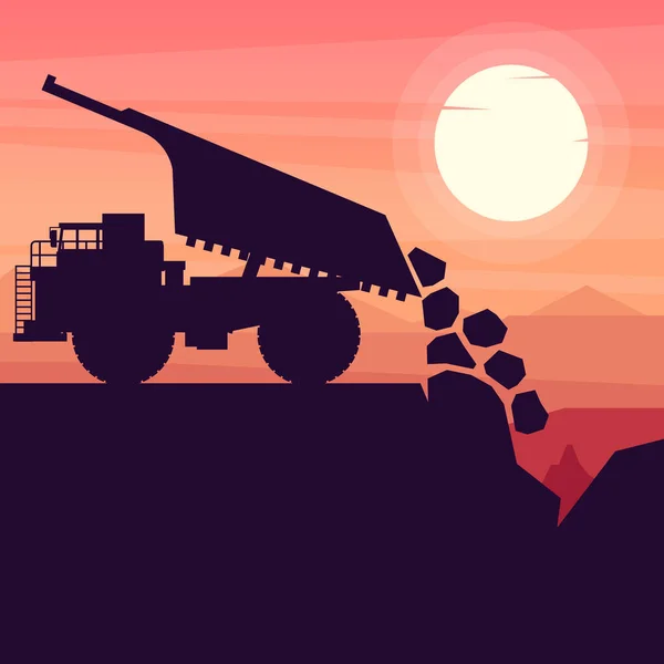 落日背景矿山采矿卡车重型机械卸料 — 图库矢量图片