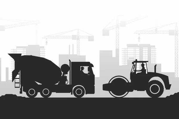 正在建设中的城市中带有混凝土搅拌机 卡车和土壤压实机的重型机械轮廓背景 — 图库矢量图片