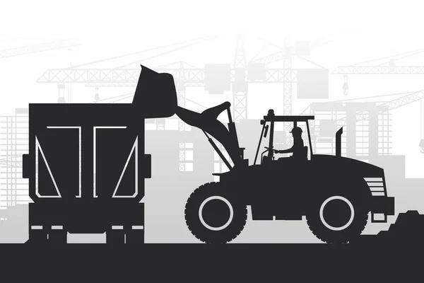 重型机械的轮廓 操作员驾驶前置装载机 在正在建设的城市上用材料填充卡车 — 图库矢量图片