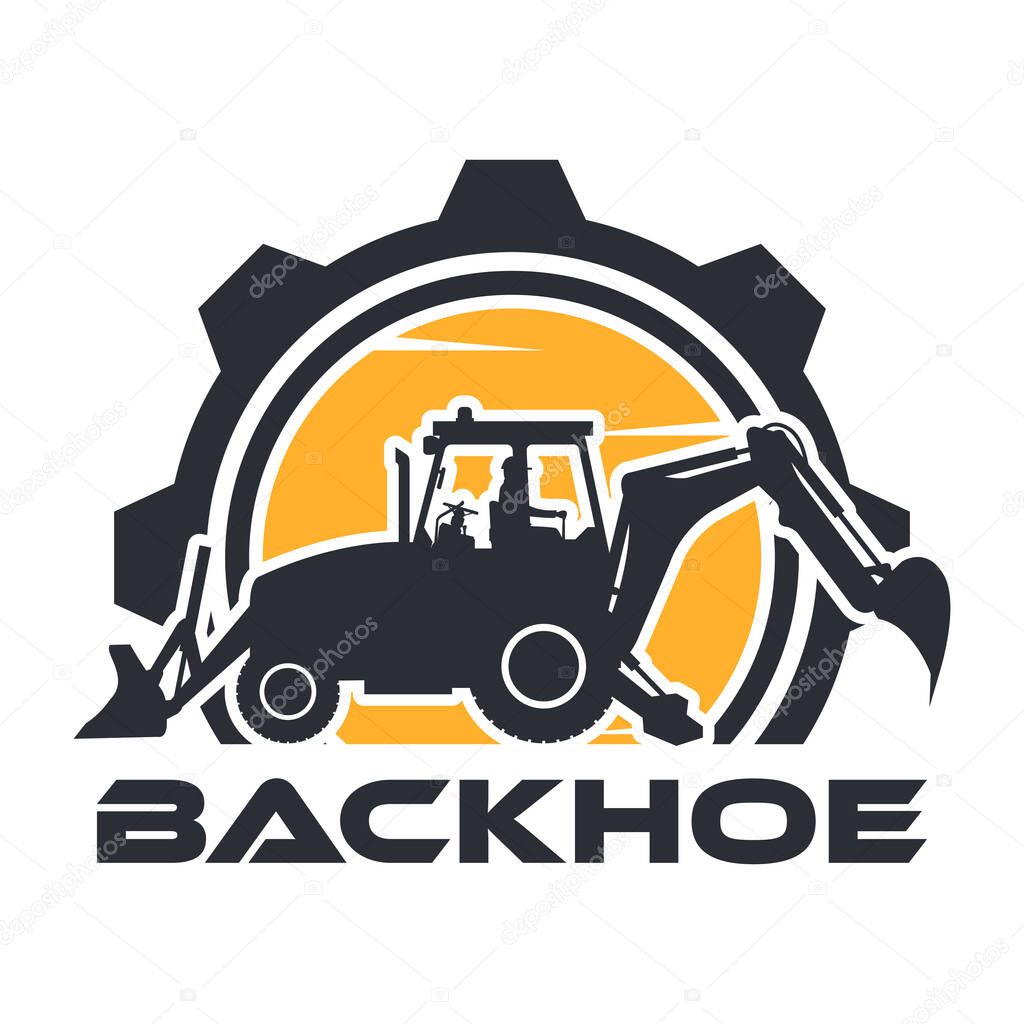 Heavy machinery logo with operator driving a backhoe with a gear in the background