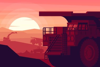 sunset background with heavy machinery of mining truck, excavator and front loader working in a mine