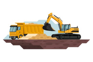 crawler excavator filling a dump truck in a construction and mining with heavy machinery 3d