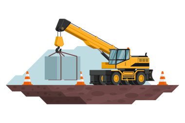 Telescopic crane on wheels with safety cones in construction and mining work with heavy machinery 3d