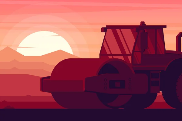 Soil Compactor Roller Sunset Heavy Construction Mining Machinery — Stock Vector