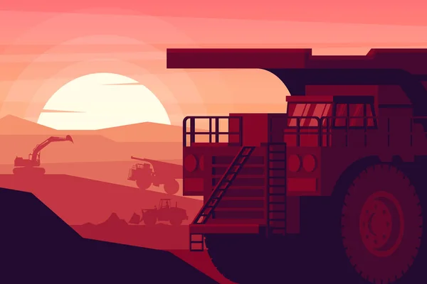 Sunset Background Heavy Machinery Mining Truck Excavator Front Loader Working — Stok Vektör