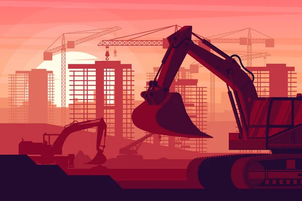 Sunset Background Heavy Machinery City Construction Excavator Wheel Excavator Concrete — Vetor de Stock